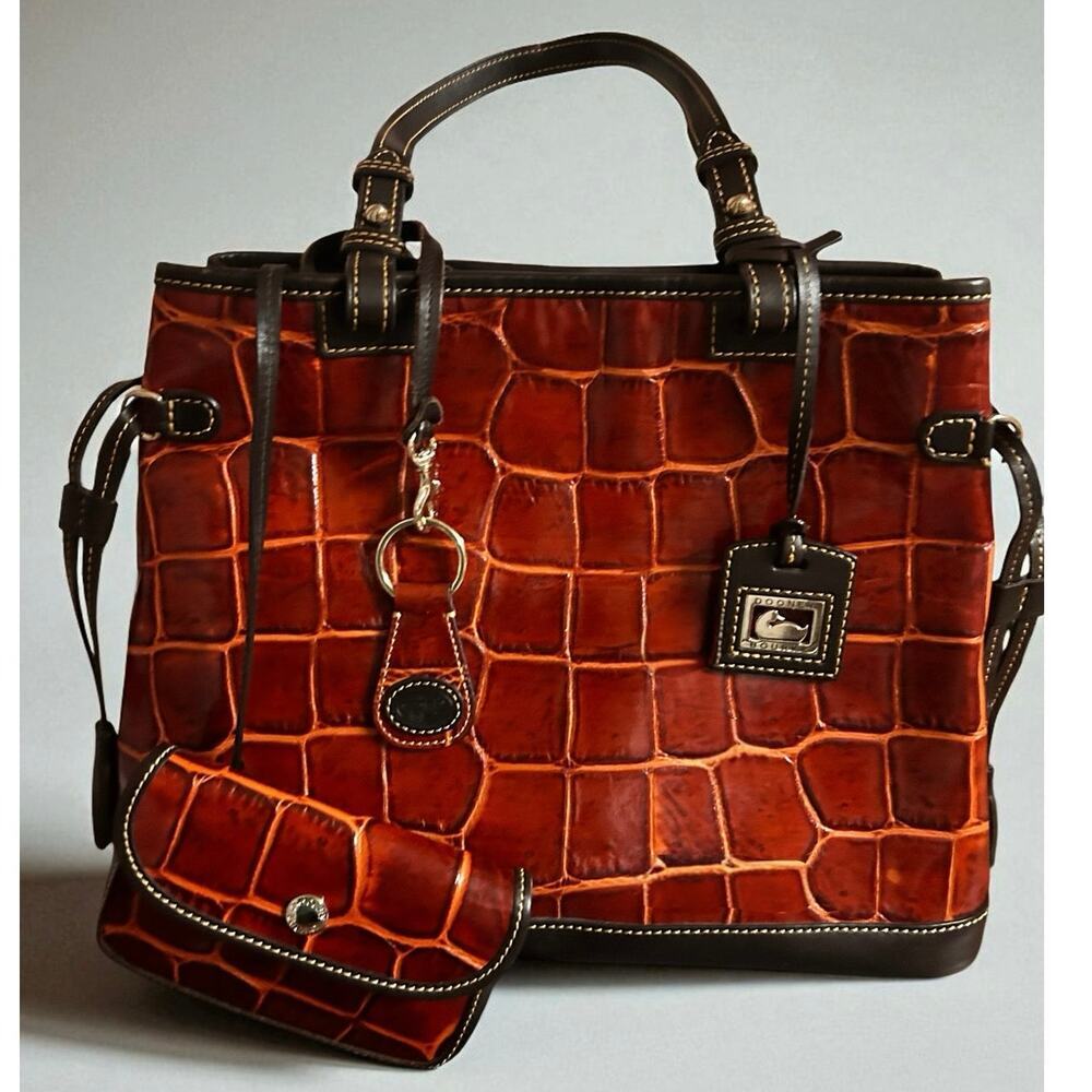 Dooney & Bourke 3pc Brown Red Orange Crocodile hand‎ Shoulder Bag Pouch Key Set